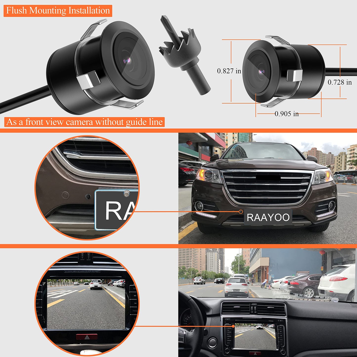 Backup Camera Flush Mount, Metal Housing 170°Wide View Angle Rear/Side/Front View Camera for Car, Clear Night Vision IP69 Waterproof Reverse Camera for Vehicle SUV RV Pickup, 18.5mm, 12V/24V, Black