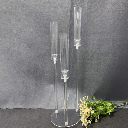 6 Set 3 Arms Acrylic Candelabra Centerpieces for Wedding Table Decorations,30.7" Clear Candlesticks Holder with Acrylic Shade for Valentine's Day Dinner Party Fireplace Decor Fit LED Candle