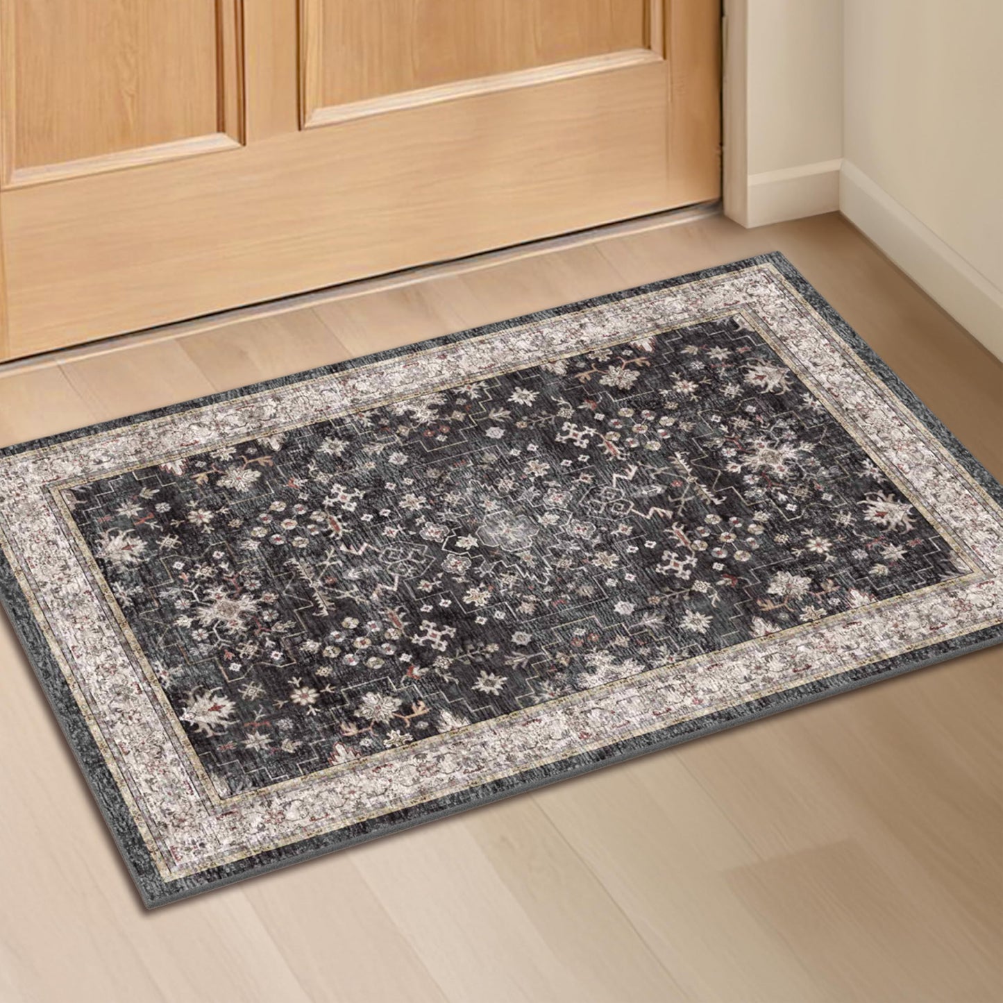 Black Washable Entry Rug, 2x3 Small Rugs for Entryway Kitchen Bathroom Door Mat Indoor Entrance, Non Slip Rubber Backing, Stain & Fade Resistant, Ashen Charcoal Floral Decor