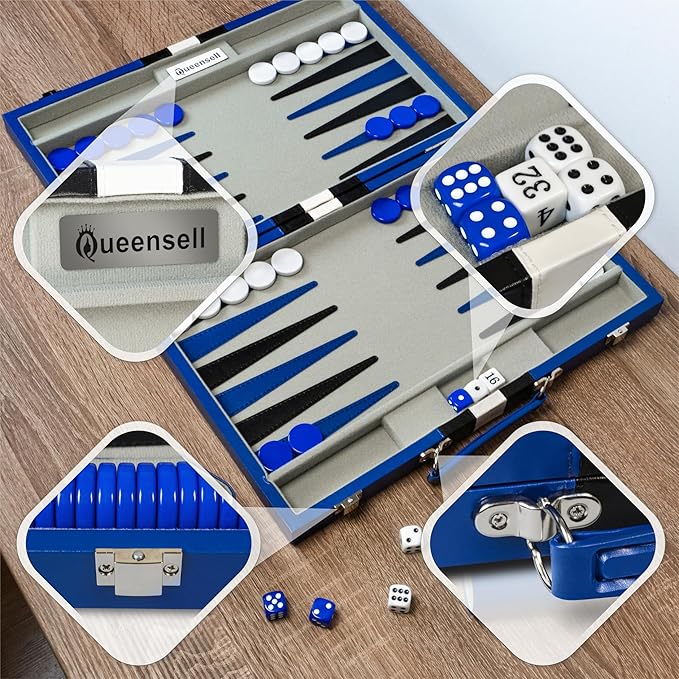 Backgammon Sets for Adults – 15-Inch PU Leather Board Game – Classic 2-Player Travel Backgammon Set with 32 Playing Pieces Dice and Cups