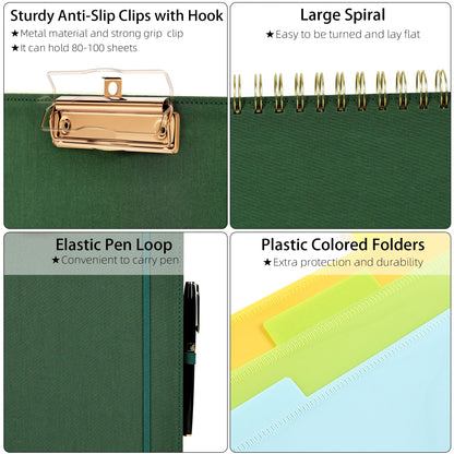 Ospelelf Foldable Spiral Clipboard Folio with Storage Zipper Pouch, 5 Plastic Folders with 10 Pockets,Refillable Lined Notepad (11" x 8.5"), Hardcover Project Organizer with 39 Stickers (Dark Green)