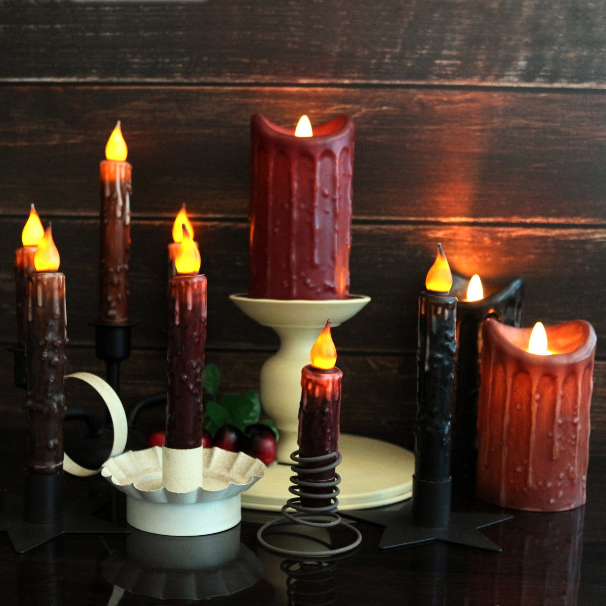 CVHOMEDECO. Real Wax Hand Dipped Battery Operated LED Timer Taper Candles Country Primitive Flameless Lights Décor, 6-3/4 Inch, Brown, 2 PCS in a Package