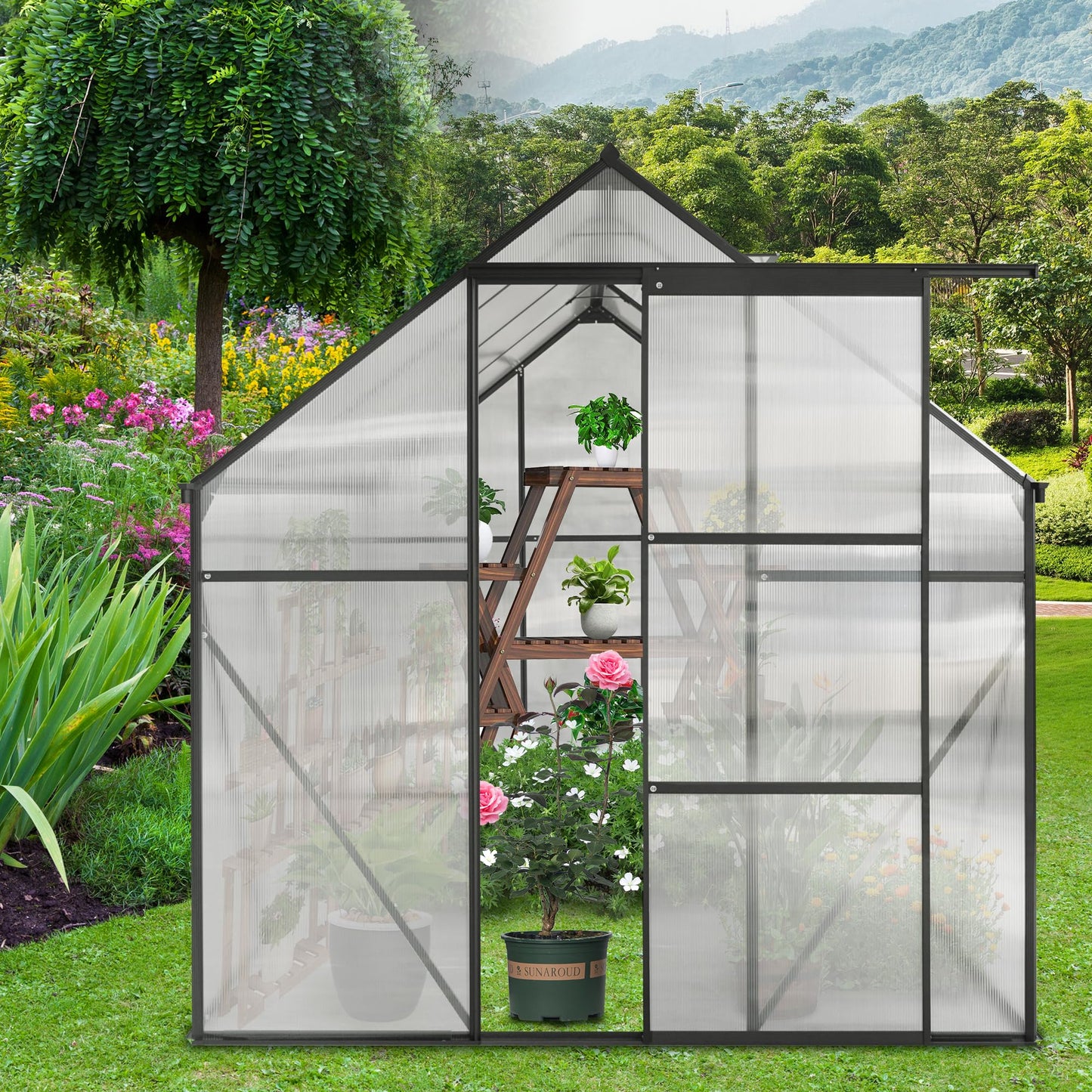 Acosure 6x8 FT Polycarbonate Greenhouse, Walk-in Garden Plants Heavy Duty Green House, Weatherproof Aluminum Hot House w/ Raised Base and Sliding Door & Vent for Outdoor Backyard, Black