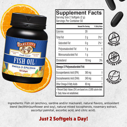 Barlean's Omega 3 Fish Oil Supplements, Supplement Softgels for Men and Women, 600mg EPA and DHA Fatty Acids, Orange Flavored, 100 Count