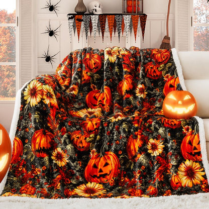 ROMROL Halloween Throw Blanket, Fall Sherpa Throw Blankets, Pumpkin, Leaves Fall Blanket, Soft Fuzzy Plush for Couch Sofa or Bed, Warm Flannel Blanket for Halloween Fall Decor (50" x 60")