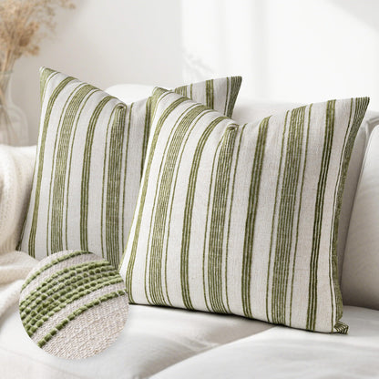AELS 20x20 Decorative Farmhouse Linen Throw Pillow Covers, Beige with Olive Green Chenille Striped Pillow Case, Set of 2, Boho Textured Cushion Cover for Sofa Couch Living Room (Cover ONLY)