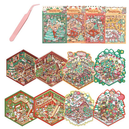 SZXYCZL Cute Miniature Scene 8Sets DIY 3D Stickers Scene Christmas House, Make You Own Mini House Sticker Therapy for Teen Adult Relief Pass The Time-Merry Christmas