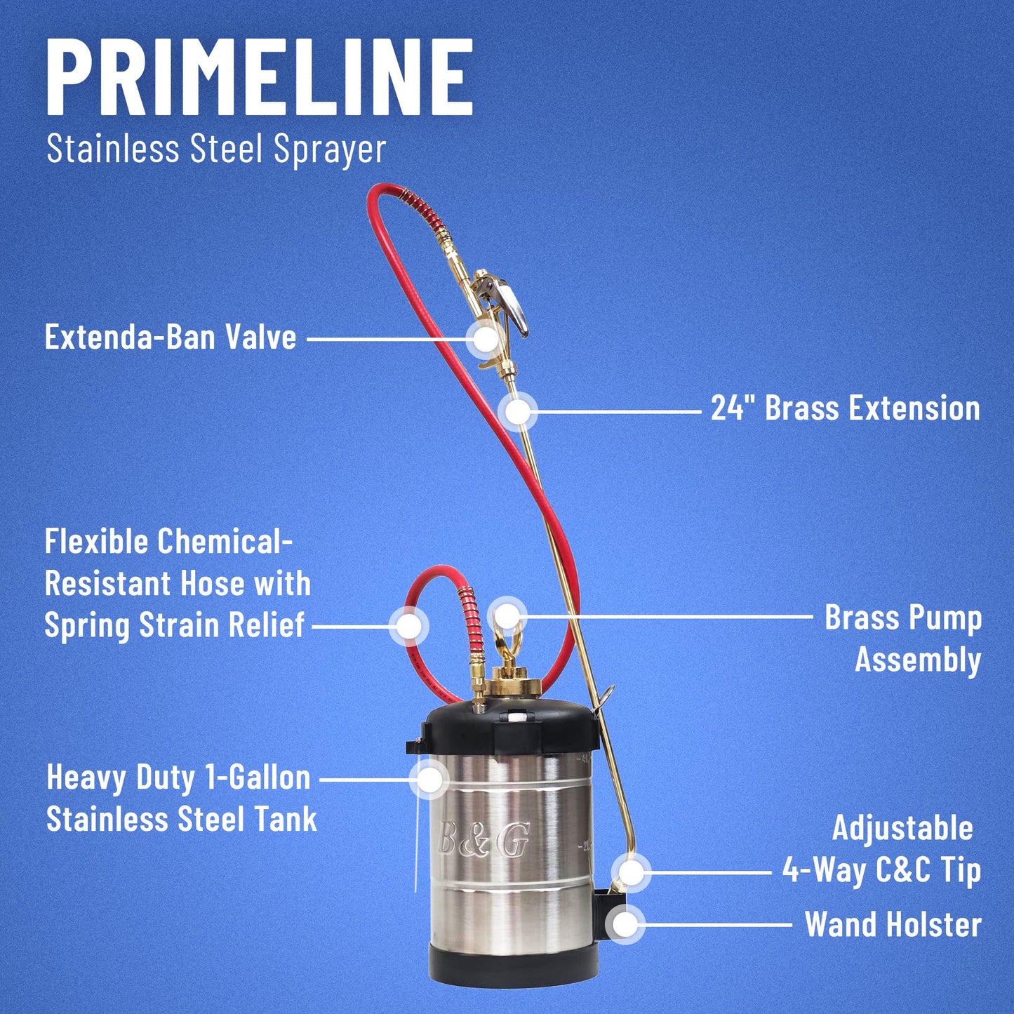 B&G - Primeline 1 Gallon Stainless Sprayer (N124-CC-24) - Extenda-Ban Valve - 24" Brass Extension - 4-Way Crack & Crevice Tip - Durable, Precise, Field Repairable
