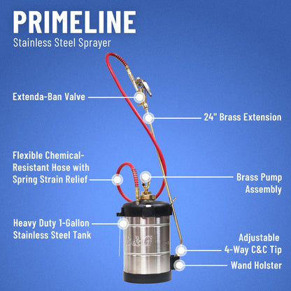 B&G - Primeline 1 Gallon Stainless Sprayer (N124-CC-24) - Extenda-Ban Valve - 24" Brass Extension - 4-Way Crack & Crevice Tip - Durable, Precise, Field Repairable