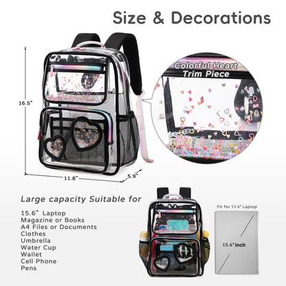 KIDNUO Clear Backpack for Girls,Clear Bookbag Heavy Duty Transparent Backpacks for Stadium Events, See Through Back Pack for Kindergarten Elementary Middle High School (Black)