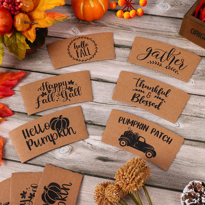 Whaline 36 Pack Fall Coffee Tea Cup Sleeves Thanksgiving Kraft Paper Sleeves for 12 and 16oz Cups Disposable Corrugated Cup Paper Jacket for Hot Chocolate Cocoa or Cold Beverage, 6 Design