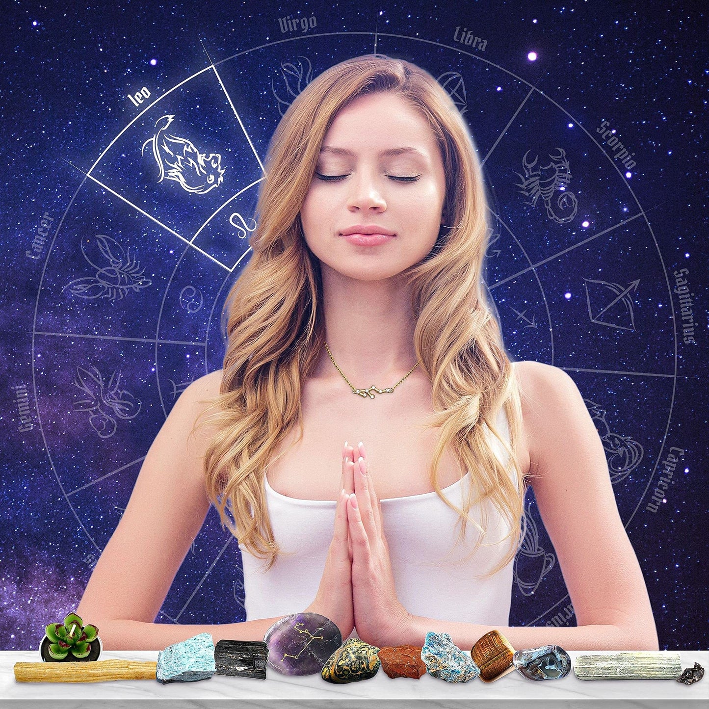 DANCING BEAR Leo Zodiac Healing Crystals Gift Set (14 Pc): 9 Stones, 18K Gold-Plated Constellation Necklace, Meteorite, Succulent Candle, Palo Santo Smudge Stick, and Info Guide, Made in The USA