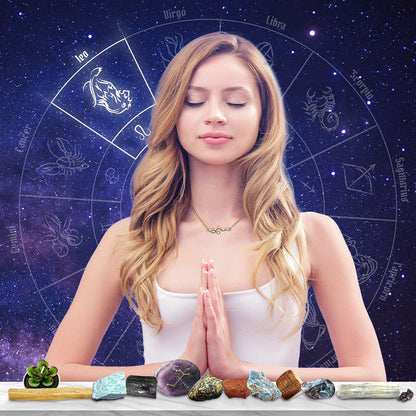 DANCING BEAR Leo Zodiac Healing Crystals Gift Set (14 Pc): 9 Stones, 18K Gold-Plated Constellation Necklace, Meteorite, Succulent Candle, Palo Santo Smudge Stick, and Info Guide, Made in The USA