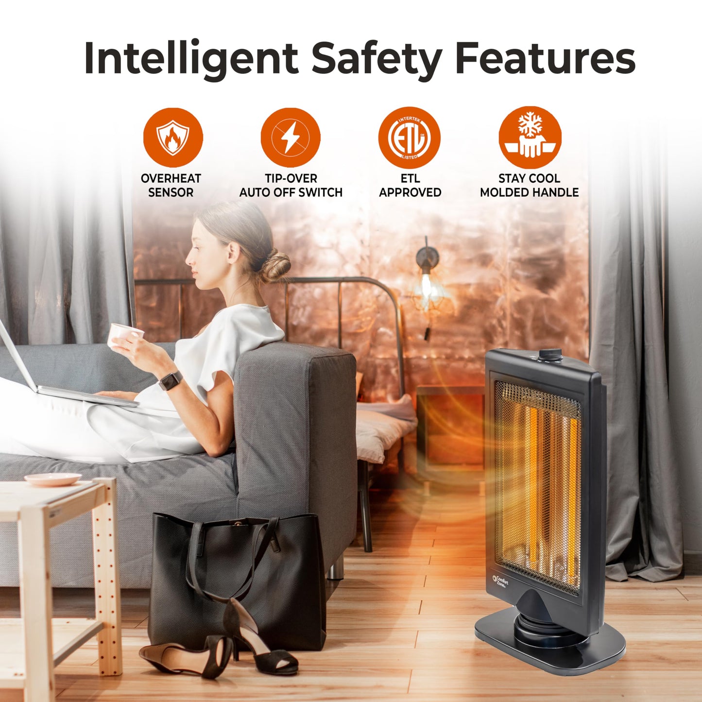 Comfort Zone Oscillating Portable Space Heater, Flat Panel, Halogen, Infrared, Electric, Adjustable Tilt, Overheat Sensor, Stay-Cool, & Tip-Over Switch, Ideal for Home, Bedroom, & Office, 800W, CZHTV9