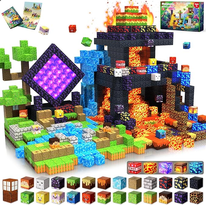 Magnetic Blocks - 300 PCS with Light Up Blocks Dinosaur Volcano Forest Castle Set - Kids Classroom Sensory Toy for Toddlers STEM Construction Stacking Toy Kids 3+ Boys easter basket stuffers