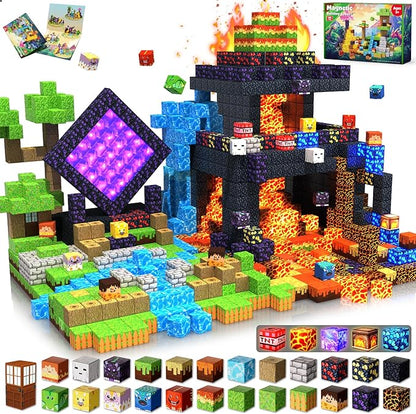 Magnetic Blocks - 300 PCS with Light Up Blocks Dinosaur Volcano Forest Castle Set - Kids Classroom Sensory Toy for Toddlers STEM Construction Stacking Toy Kids 3+ Boys easter basket stuffers