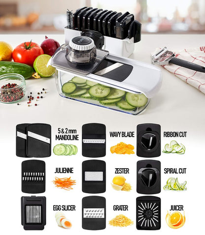 Fullstar Mandoline Slicer for Kitchen, Fruit Cutter, Cheese Grater, Cucumber Slicer, Veggie Spiralizer, Food Cutter & Kitchen Gadgets & Gifts with Safety Glove (11 in 1, Stainless Steel)