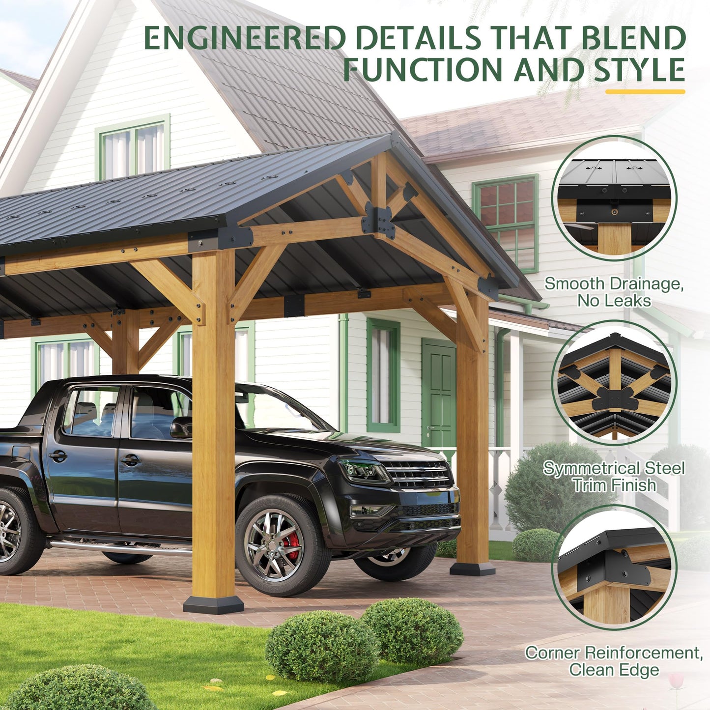 Jocisland 12x24x9.5 FT Cedar Wood Hardtop Carport with Galvanized Steel Roof, Waterproof Outdoor Gazebo Pavilion, Heavy-Duty Snow & Wind Resistant Canopy for Patio, Driveway, Garden