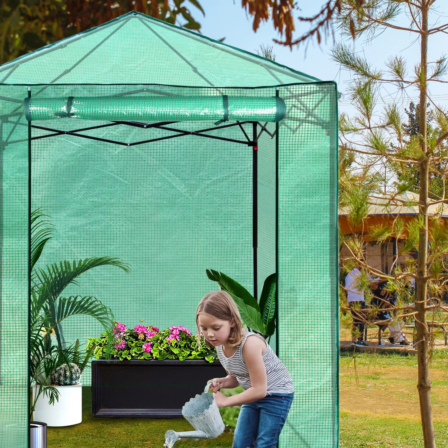 PexFix 6'x 5' Portable Walk-in Greenhouse, Easy Setup, Indoor/Outdoor, 2 Roll-Up Mesh Windows, Roll-Up Zipper Door, Green