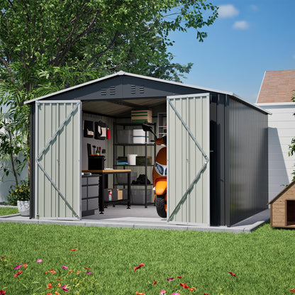 10'x10' Galvanized Steel Outdoor Storage Shed with Lockable Sliding Double French Doors & Top Air Vents, Large Heavy-Duty Garden Tool Shed, Black