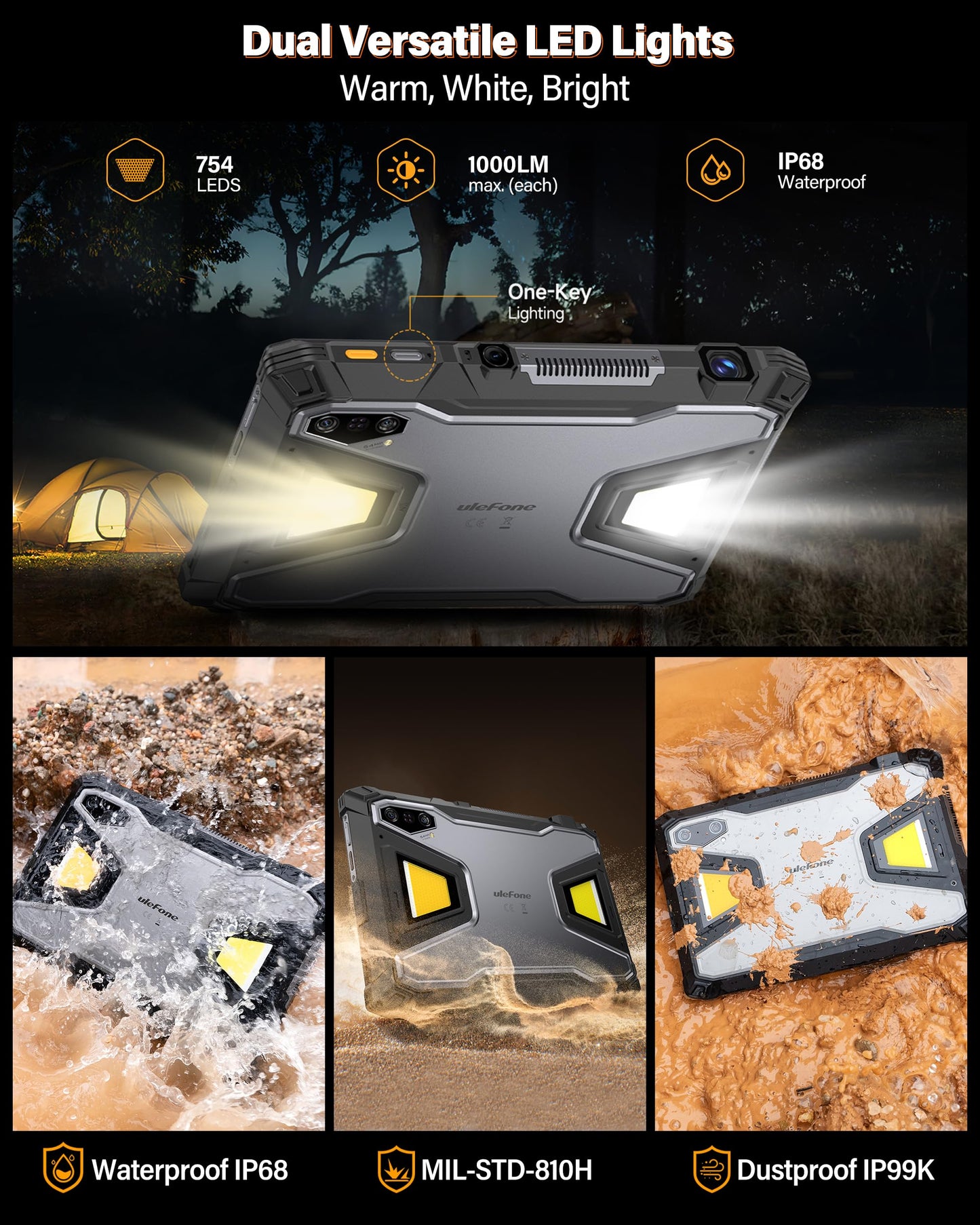 Ulefone Armor Pad 5 Ultra & Digital Microscope C01, 5G Rugged Tablet with 200 Lumens Projector, 32GB+512GB/2TB Expansion Android 15, 24200mAh(120W), 11" FHD+ Screen, IP68/69K, 64MP+64MP, 32MP
