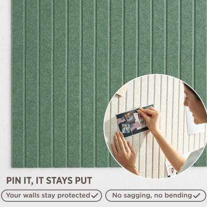 VIVELDA Felt Bulletin Board Tiles 48"x36" - 12-Pack Cork Board Alternative, OEKO-TEX Certified, NRC 0.95 Acoustic Felt Wall Panels, Damage-Free Adhesive, Slatted Design, Home Office & Classroom (Palm)