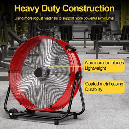 Uthfy 8800CFM Heavy Duty Industrial Drum Fan, 24 Inch High Velocity Floor Fan with 360° Tilt,2 Casters,Handle,3 Speeds 320W Garage Fan for Shop,Patio,Yard,Commercial,Workshop,Factory