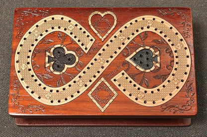 PALM ROYAL HANDICRAFTS 2 Track Cribbage Board Game Set with Magnetic Pull Drawer Playing Cards - Metal Pegs - Storage Available Travel Portable Cribbage Game Sets for Family. (Size - 6.5 x 4).