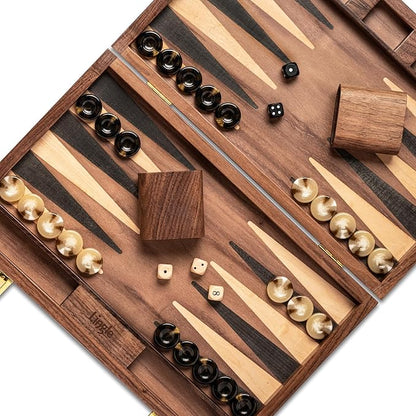 14.5” Premium Natural Walnut Folding Backgammon Sets for Adults and Kids Including 30 Artificial Horn Checkers 2 Walnut Dice Cups and 5 Wooden Dice/Classic Two-Player Strategy Board