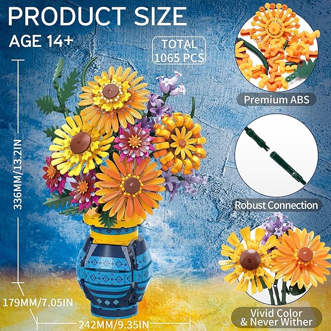 Sunflower Bouquet Building Blocks w/ Vase Set 1065 PCS Botanical Collection Birthday Gifts for Mom Women Grandma Adult Her Mother's Day Artificial Flower Home Decor Stocking Stuffers for Teen Girls