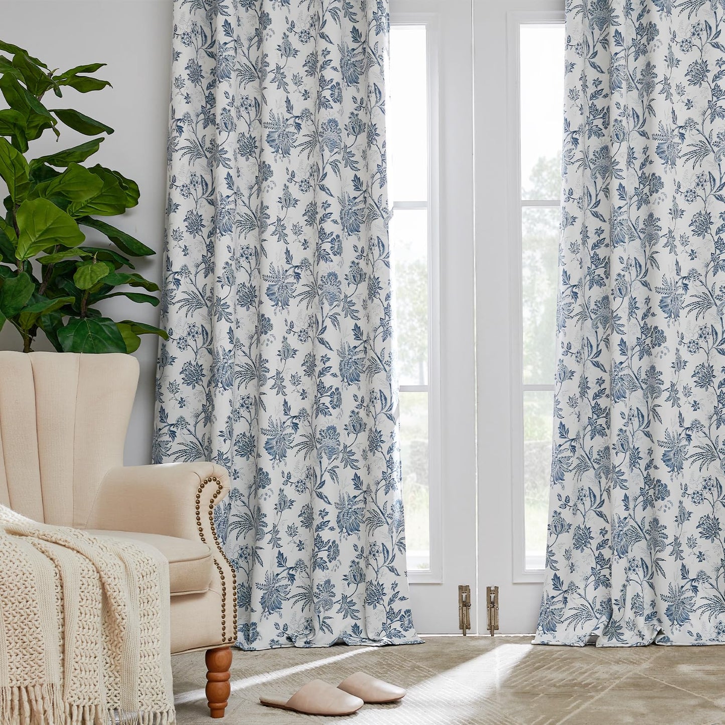 jinchan Blackout Floral Curtains for Bedroom, 84 Inches Long Printed Flower Black Out Curtains, French Country Back Tab Blue Window Treatment Farmhouse Drapes Set 2 Panels Blue