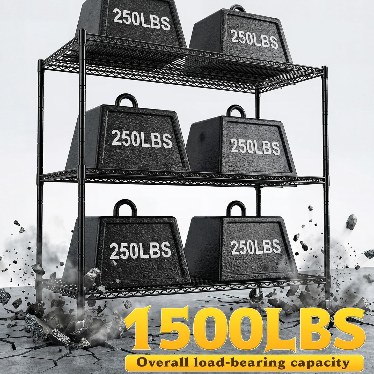 DurayLoly 1500LBS Heavy Duty Wire Shelving Unit, 3-Tier Adjustable Metal Storage Shelves with Lockable Wheels, 59.06"W x 23.62"D x 59.65"H, Garage Shelving Rack for Kitchen, Pantry, Warehouse, Black
