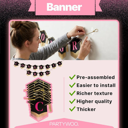 PartyWoo Graduation Decorations Class of 2026 Black Gold Pink 19pcs Grad Party Supplies with Congrats 2026 Grad Banner Hanging Swirls Foil Balloons Graduation Cap Centerpieces Party Decorations