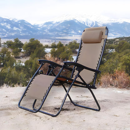 Caravan Sports Zero Gravity Outdoor Portable Folding Camping Lawn Deck Patio Pool Recliner Lounge Chair for Adults, Adjustable Headrest, Beige