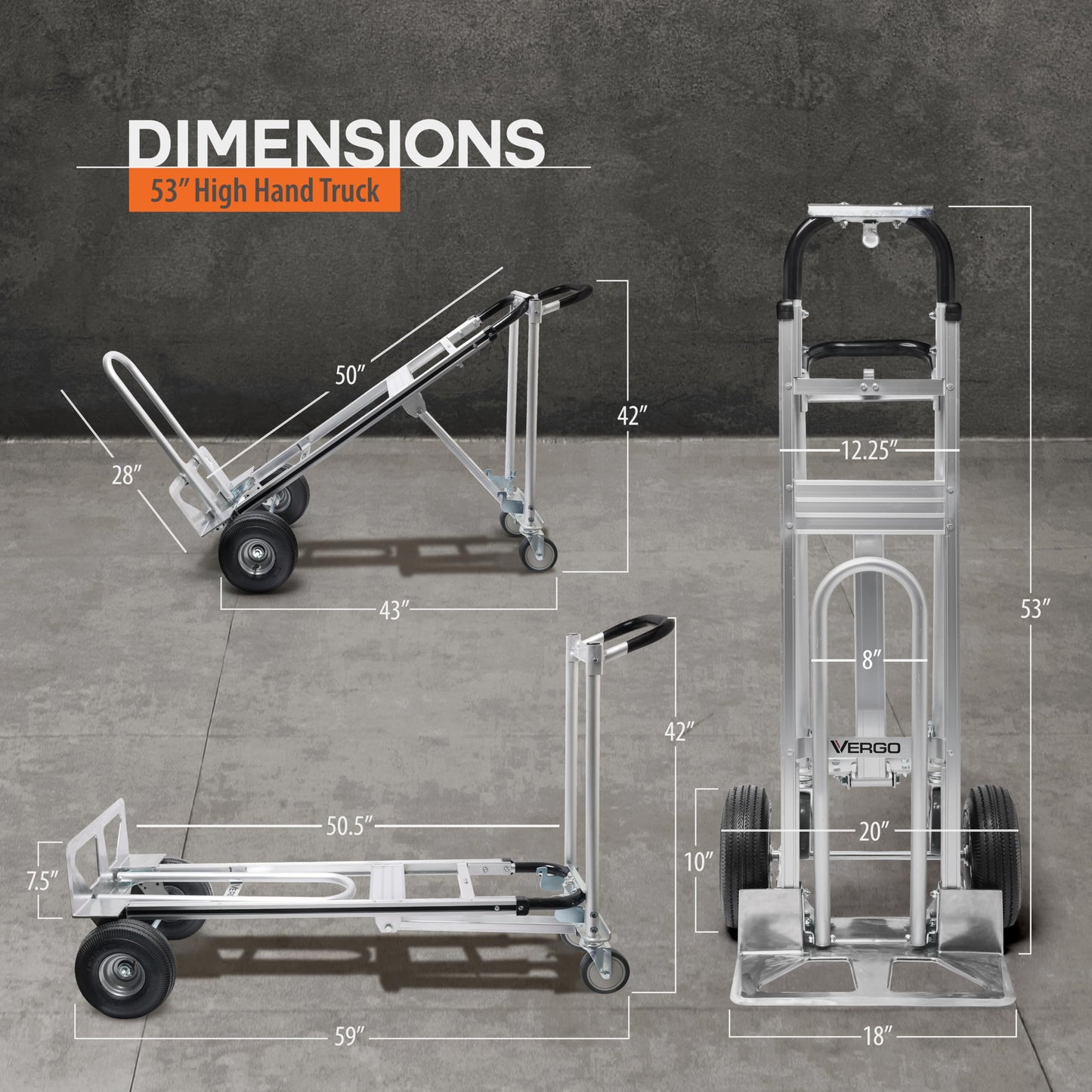 Vergo Industrial Convertible Hand Truck - AS7A2 Heavy Duty Aluminum 3 in 1 Dolly (750 lb Capacity) Lightweight Frame, Ergonomic Handle, Extendable Loop, Versatile Moving Dolly (3 Positions 53" High)