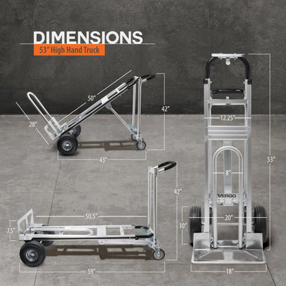 Vergo Industrial Convertible Hand Truck - AS7A2 Heavy Duty Aluminum 3 in 1 Dolly (750 lb Capacity) Lightweight Frame, Ergonomic Handle, Extendable Loop, Versatile Moving Dolly (3 Positions 53" High)