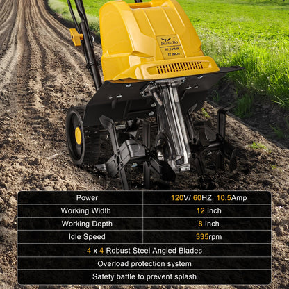 IncwBo Garden Rototiller 12-Inch 10.5-Amp Corded Electric Tiller/Cultivator, Adjustable Wheels, 8-Inch Tilling Depth, Powerful and Lightweight Tiller
