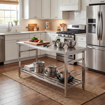 Garvee 60" x 24" Stainless Steel Folding Prep Table, Heavy Duty Commercial Work Table with Adjustable Undershelf for Restaurant, Kitchen, Food Service, Space-Saving, No Installation Required