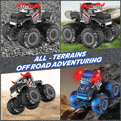 BAODLON Remote Control Monster Car 2.4GHz RC Bull Monster Truck Toys for 3 4 5 6 7 8 Years Old Boys Kid All Terrain RC Truck Off Road with Spray Light Rechargeable Battery Christmas Birthday Gift