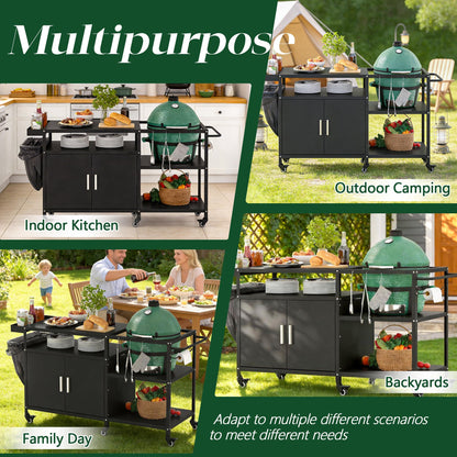 Mobile Grill Cart Compatible with Big Green Egg, Heavy Duty Metal Grill Table for Large/Medium Ceramic Charcoal Grills, Outdoor Kitchen Island Prep Station with Storage Cabinet, 6 Wheels