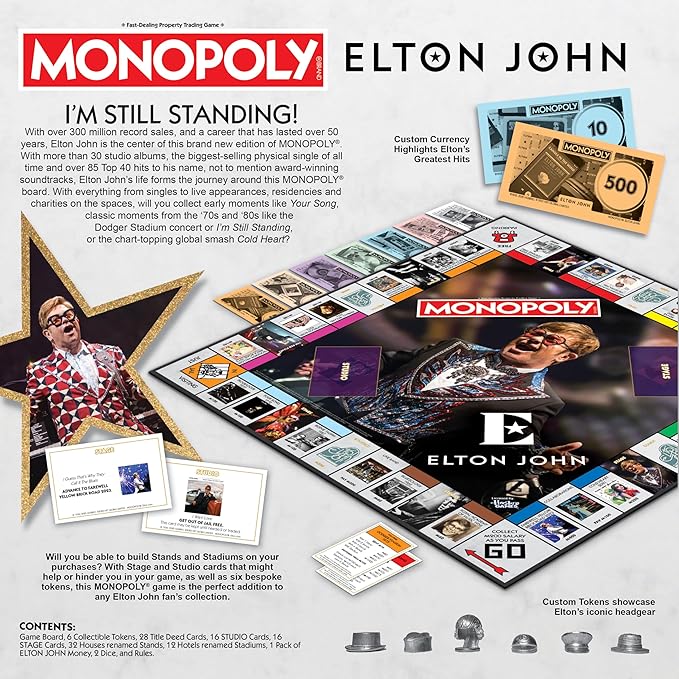 Monopoly: Elton John Play as Iconic Headgear Star Glasses &amp More Collect Legendary Career Moments Like Knighthood &amp Farewell Tour Officially Licensed Elton John Board Game