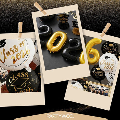 PartyWoo Graduation Balloons Class of 2026 Black White Gold 12pcs Balloons 40 Inch 2026 Foil Number Balloons 18 Inch Congrats Grad Mylar Balloons for Black White Graduation Decorations Party Supplies