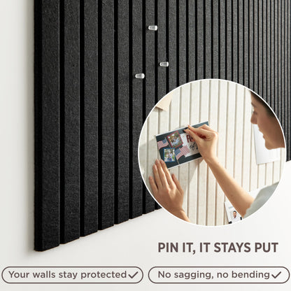 VIVELDA Felt Bulletin Board Tiles 48"x36" - 12-Pack Cork Board Alternative, Oeko-TEX Certified, NRC 0.95 Acoustic Wall Panels, Damage-Free Adhesive, Slatted Design, Home Office & Classroom (Black)
