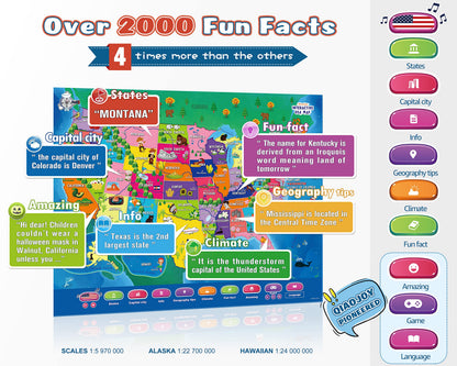 Qiaojoy Bilingual Interactive for Kids Talking USA Map for Kids Learning, Geography Toys Games Educational Electronic Map Christmas Personalized Gift/Toys for 4 5 6 7 8 9 10 Year Old Girls/Boys