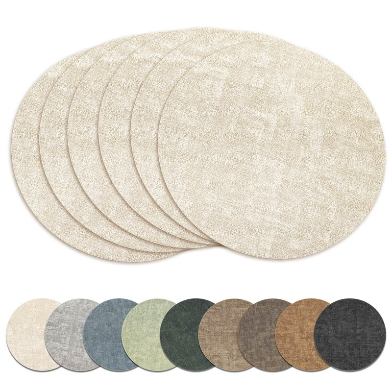 13" Round Placemats Set of 6, Reversible Faux Leather Heat Resistant Table Mats, 100% Waterproof Oilproof Wipeable Table Protective Placemats for Vinyl, Washable for Indoor & Outdoor Use (6, Beige)