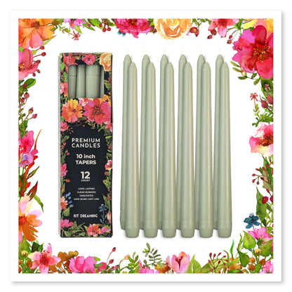 Jade Green Candles 10 Inch Tapers, 12 Pack - Unscented Dripless Dinner Candles, 7 Hour Burn Time, Premium Solid Wax Candlesticks for Weddings, Parties, Events & Home Decor.