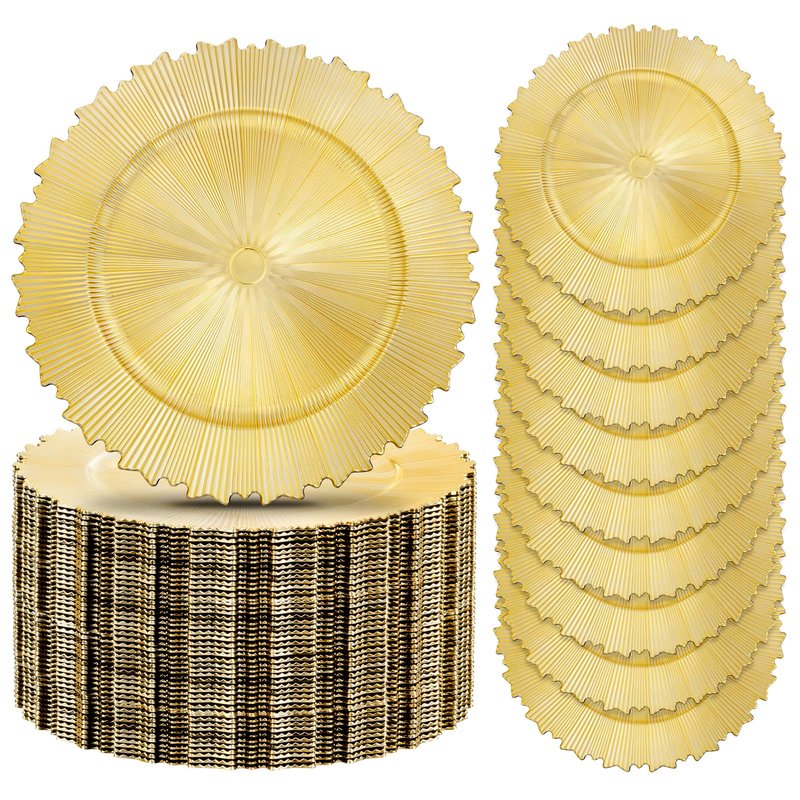 EI 20pcs Gold Charger Plates Bulk 13inch Plastic Chargers for Dinner Plate Disposable Golden Flash Reef Charger Plates Table Chargers for Family Party Wedding Birthday Afternoon Tea Decoration