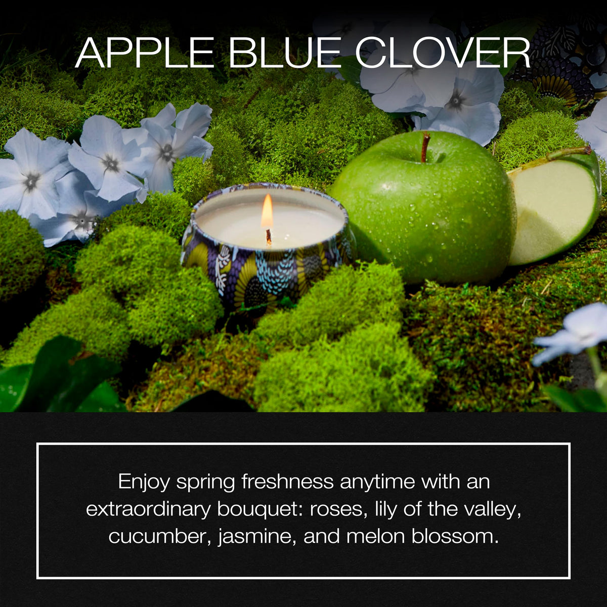 Voluspa Apple Blue Clover, Mini Tin Candle, 4 oz, 25 Hour Burn Time, Coconut Wax for Clean Burning, Handcrafted in the USA