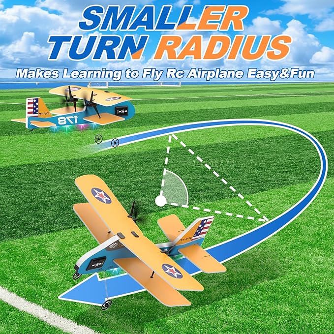 RC Plane 2.4Ghz Remote Control Airplane with 3 Batteries &amp 6-axis Gyro Stabilizer 2 Channel RTF PT-17 RC Toy Easy to Fly for Beginners Kids Boys Girls Adults (Yellow)
