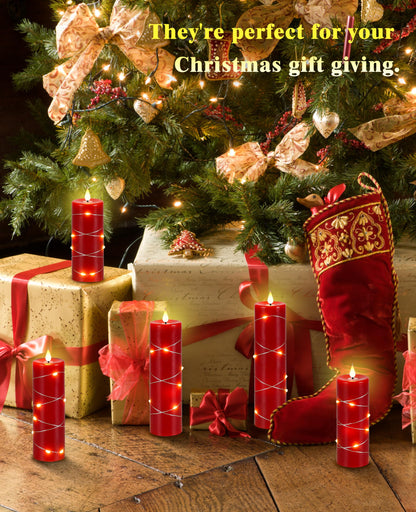 Upinmz Red Flameless Candle with Remote Control and Timer,Flickering Battery Operated Candles with String Lights,LED Pillar Candles,Set of 5